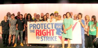 TUC leader FRANCES O’GRADY at the TUC Congress with firefighters, nurses, midwives and Ritzy cinema workers who have all been on strike this year