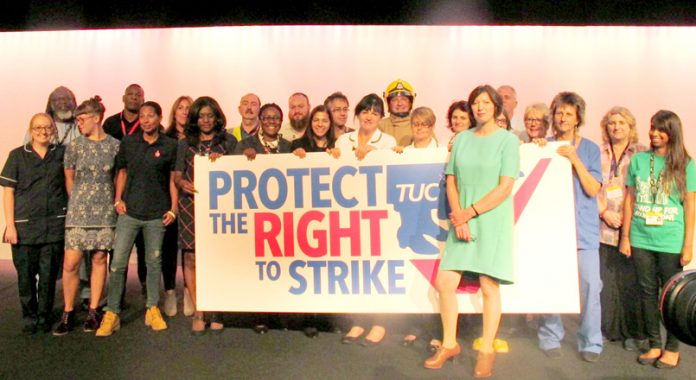 TUC leader FRANCES O’GRADY at the TUC Congress with firefighters, nurses, midwives and Ritzy cinema workers who have all been on strike this year