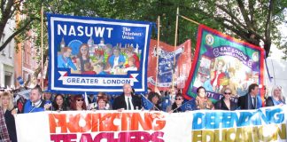 NASUWT banners on the teachers’ strike in defence of pensions