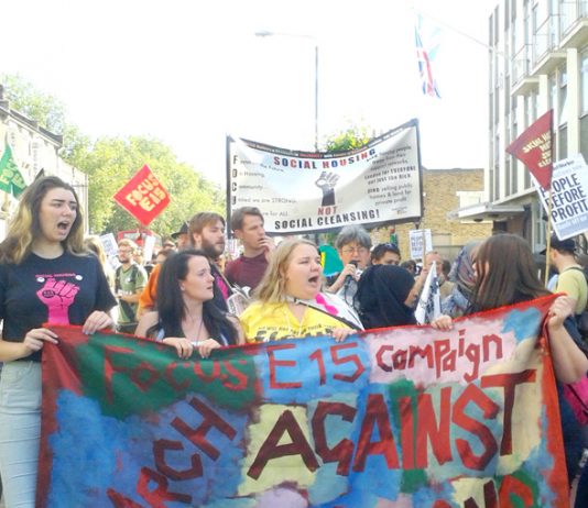 Part of the march through Stratford called by the Focus E15 campaign to demand social housing as a right