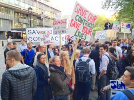 A section of Monday night’s 3,000-strong impromptu rally of junior doctors in Westminster