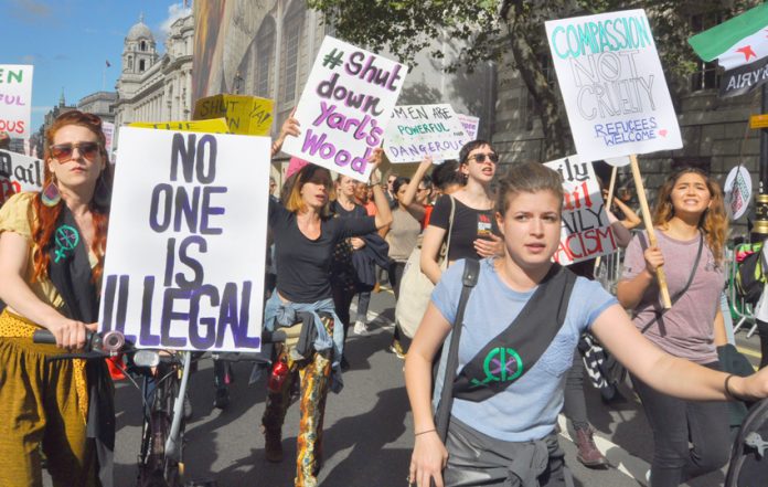 Some of the over 100,000 who marched in London, England on September 12th 2015 against the Conservative government's asylum policies and in support of refugees