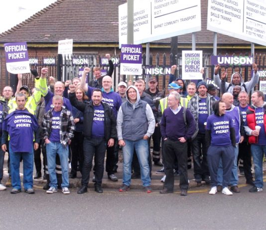Barnet Unison pickets out in force at the Mill Hill depot yesterday morning