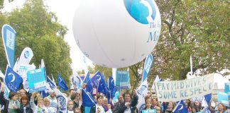 Lively contingent of midwives and their families on the TUC demonstration in October last year