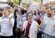 Junior Doctors demonstrating on Monday September 28th against the Tories and their attempt to impose a 90-hour working week.  Photo credit: Steve Eason