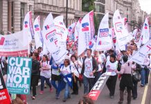 RCN members marching on a TUC demonstration – they are demanding that the NHS is properly financed and thousands of new nurses are brought in to the NHS and trained