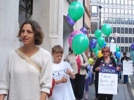 Parents and pupils from the Downhills School lobbying the Department of Education against the school being taken over by Harris