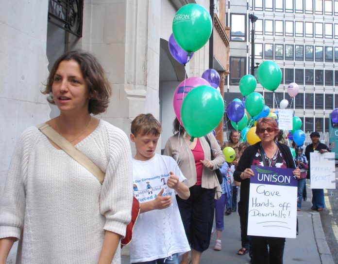 Parents and pupils from the Downhills School lobbying the Department of Education against the school being taken over by Harris