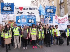 The front of the 20,000-strong junior doctors’ march in central London on October 17