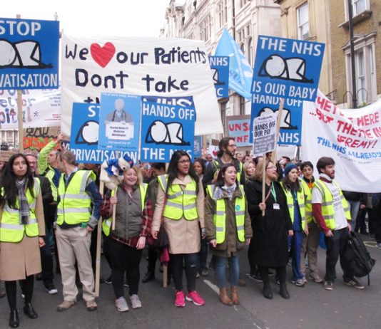 The front of the 20,000-strong junior doctors’ march in central London on October 17