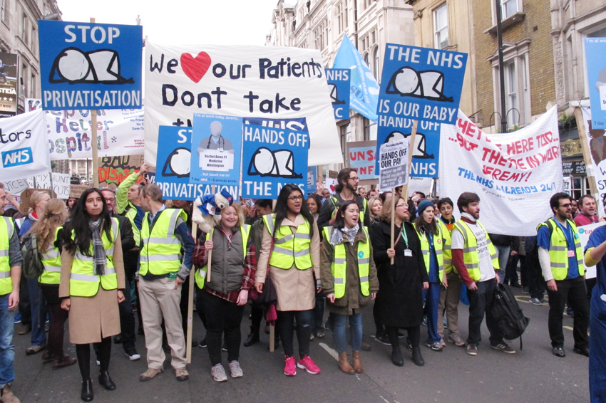 The front of the 20,000-strong junior doctors’ march in central London on October 17