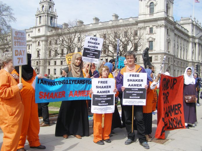 Demonstrators outside parliament demanding the release of Shaker Aamer in April 2013