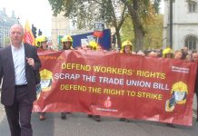 Fire Brigades Union general secretary MATT WRACK leads the 5,000-strong march to Central Halls, Westminster demanding the right to strike is defended