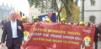 Fire Brigades Union general secretary MATT WRACK leads the 5,000-strong march to Central Halls, Westminster demanding the right to strike is defended