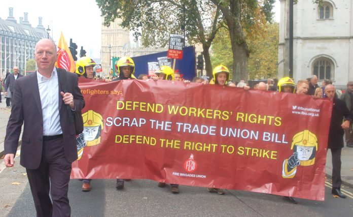 Fire Brigades Union general secretary MATT WRACK leads the 5,000-strong march to Central Halls, Westminster demanding the right to strike is defended