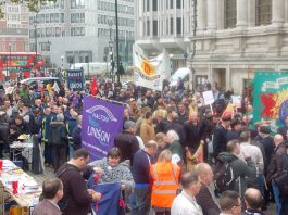 Unions mass outside Central Halls on Monday