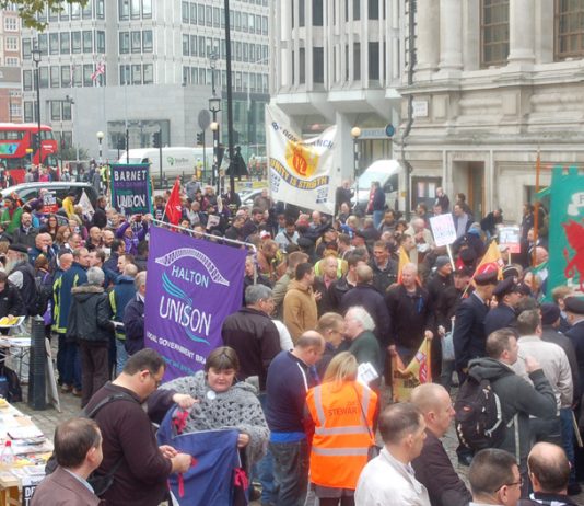 Unions mass outside Central Halls on Monday