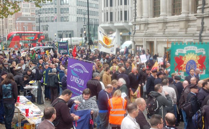 Unions mass outside Central Halls on Monday