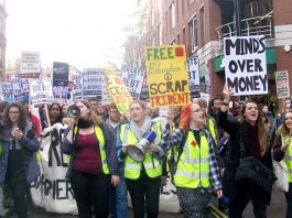 Marchers at the front of Wednesday’s 10,000-strong demonstration against tuition fees demanding the restoration of student grants