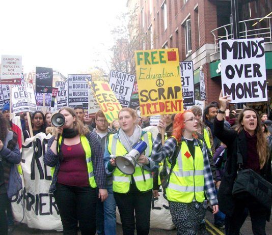 Marchers at the front of Wednesday’s 10,000-strong demonstration against tuition fees demanding the restoration of student grants