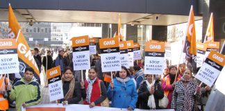 Swindon Hospital Carillion workers demonstrate outside the company’s HQ in London against the company’s work practices