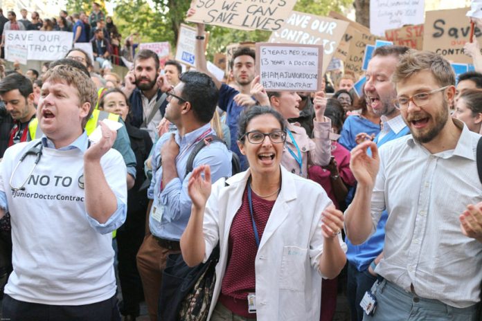 Junior doctors taking part in a mass demonstration in central London last month – they are preparing for three days strike action