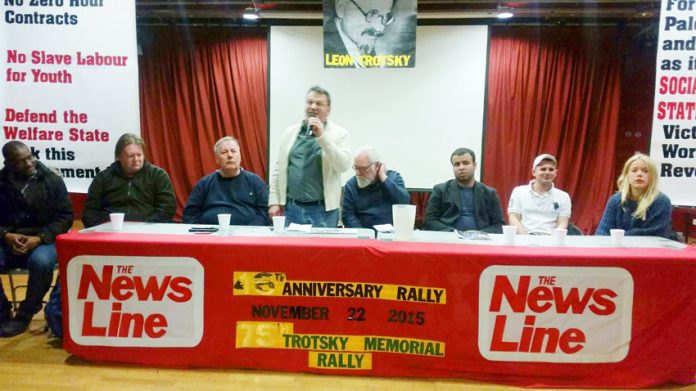 Platform at the News Line Anniversary Meeting (L-R) JOSHUA OGUNLEYE, Young Socialists National Secretary, IAN HODSON, BFAWU National President; BILL ROGERS, Aslef; FRANK SWEENEY, WRP; DAVE WILTSHIRE, ATUA; FUAD SHAATH, General Union Palestinian Students;