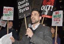 BMA Junior Doctors Committee member YIANNIS GOURTSOYANNIS taking a leading part in Tuesday night’s lobby of 10 Downing Street to denounce the cuts expected in Osborne’s Autumn Statement