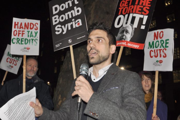 BMA Junior Doctors Committee member YIANNIS GOURTSOYANNIS taking a leading part in Tuesday night’s lobby of 10 Downing Street to denounce the cuts expected in Osborne’s Autumn Statement