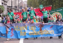 Teachers standing up for education on the TUC march  – an Ofsted report has highlighted an alarming teacher shortage, sixth form funding crisis and youth driven into poor quality apprenticeships
