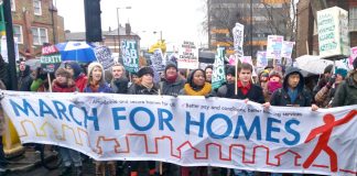 A march for homes to City Hall in London where thousands of families are living with a threat of eviction hanging over them