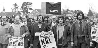 DES WARREN (front second from right) with RICKY TOMLINSON  (next to him holding poster) – both men were jailed as a result of the frame-up trial