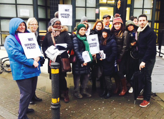 NUT picket line outside the Tech City College in Islington yesterday morning