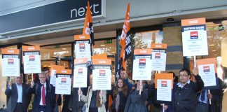 Demonstration outside a Next shop – the GMB is fighting against low-paid apprenticeships of £3.30 an hour