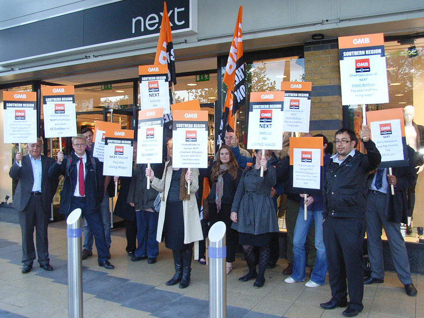 Demonstration outside a Next shop – the GMB is fighting against low-paid apprenticeships of £3.30 an hour