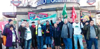 RMT rally outside Clapham Common Tube yesterday morning insisted that Glen Hart will be defended against any attempt at victimisation by management