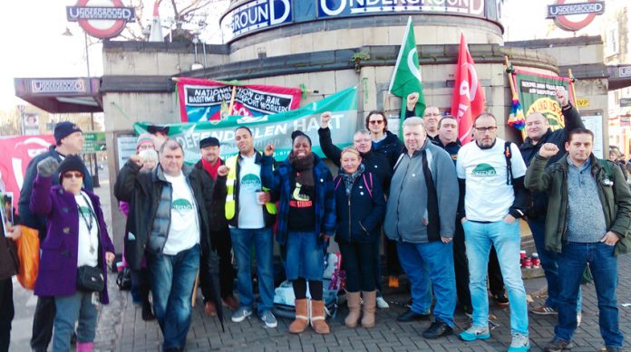 RMT rally outside Clapham Common Tube yesterday morning insisted that Glen Hart will be defended against any attempt at victimisation by management