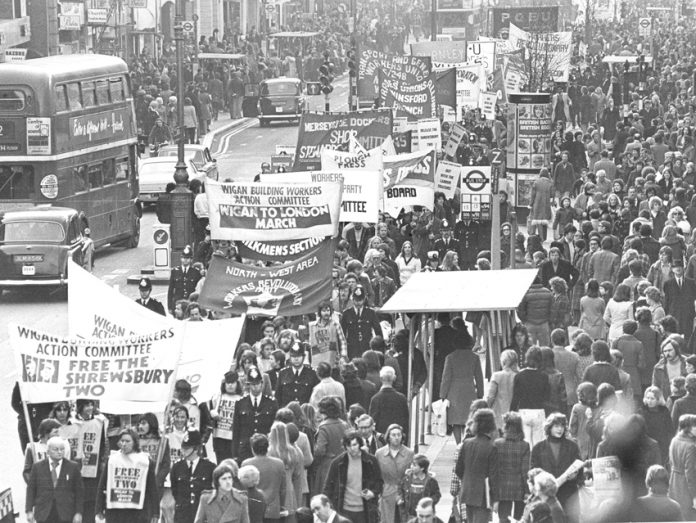The Wigan Building Workers Action Committee march arrives in London in 1972