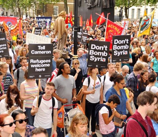 A massive demonstration in September makes it very clear that all refugees are welcome in the UK and that British workers are opposed to the bombing of Syria