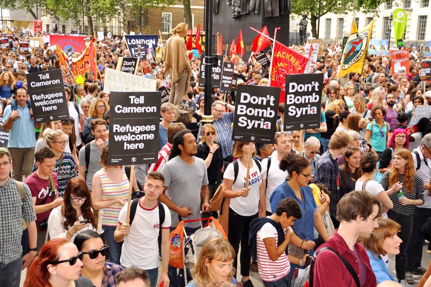 A massive demonstration in September makes it very clear that all refugees are welcome in the UK and that British workers are opposed to the bombing of Syria