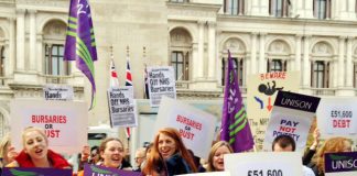 Student nurses and midwives rally outside the Department of Health in defence of bursaries earlier this month