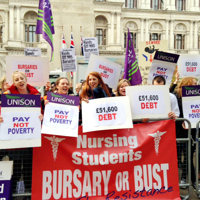 Student nurses and midwives rally outside the Department of Health in defence of bursaries earlier this month