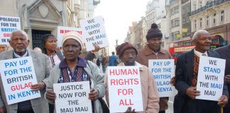 Mau Mau detainees outside London’s High Court recently won massive compensation for British army atrocities committed against them