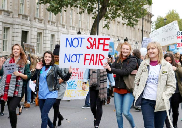 Junior doctors demonstrating in central London last October – their strike is now on beginning Tuesday January 12th