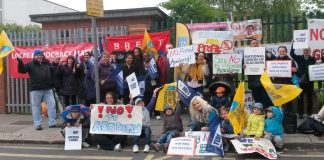 Pupils, parents and teachers demonstrated outside St Andrew & St Francis Primary School during a teachers’ strike against the school being forced to become an academy