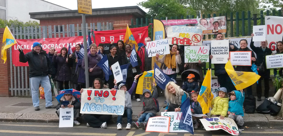 Pupils, parents and teachers demonstrated outside St Andrew & St Francis Primary School during a teachers’ strike against the school being forced to become an academy