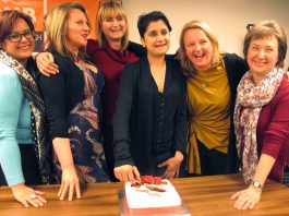 Cutting ‘Happy Birthday Tussy’ cake DANIELLE SEYCHELL, LOUISE RAW, NADINE HOUGHTON, SHAMI CHAKRABARTI, RACHEL HOLMES and BARBARA PLANT