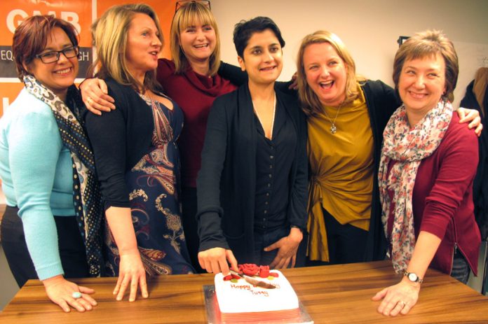 Cutting ‘Happy Birthday Tussy’ cake DANIELLE SEYCHELL, LOUISE RAW, NADINE HOUGHTON, SHAMI CHAKRABARTI, RACHEL HOLMES and BARBARA PLANT