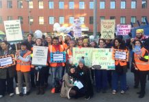 CAM STOCKS (far right in hat) joins junior doctors, nurses and supporters on the picket line outside the Royal London Hospital in Whitechapel, east London during last Tuesday’s strike