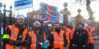 Junior doctors outside the Maudsley Hospital in Camberwell where the GMB is planning to have a strike ballot for a living wage of £10 an hour and an end to a two-tier workforce